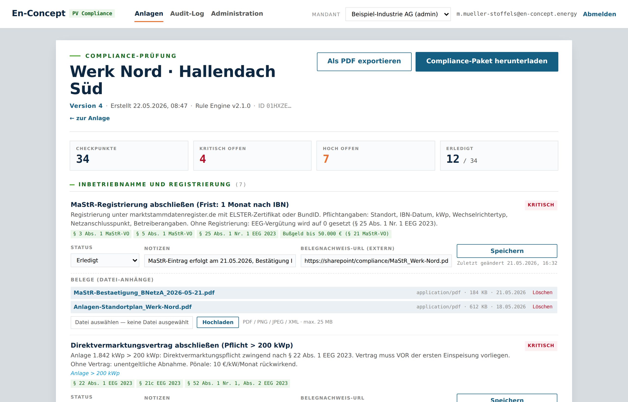 Assessment-Detail mit Belegen und Paket-Export