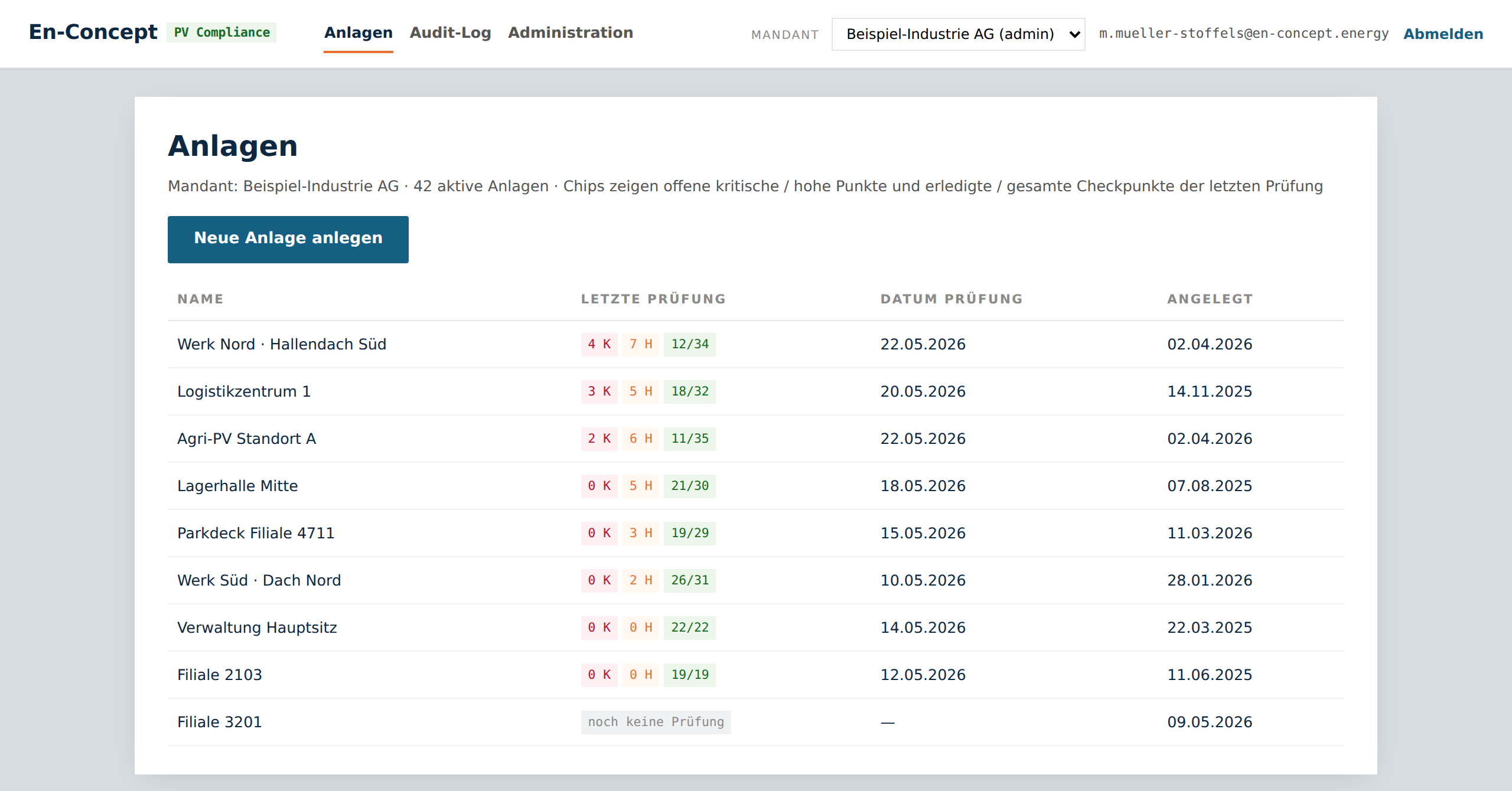 Anlagenliste mit Status-Chips pro Anlage